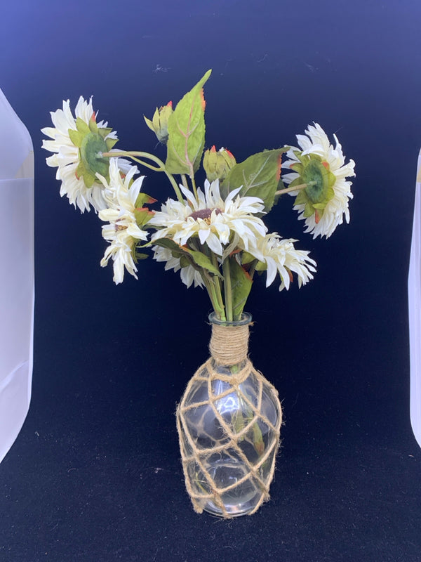 GLASS VASE W/ WRAPPED YARN FAUX WHITE SUNFLOWERS.