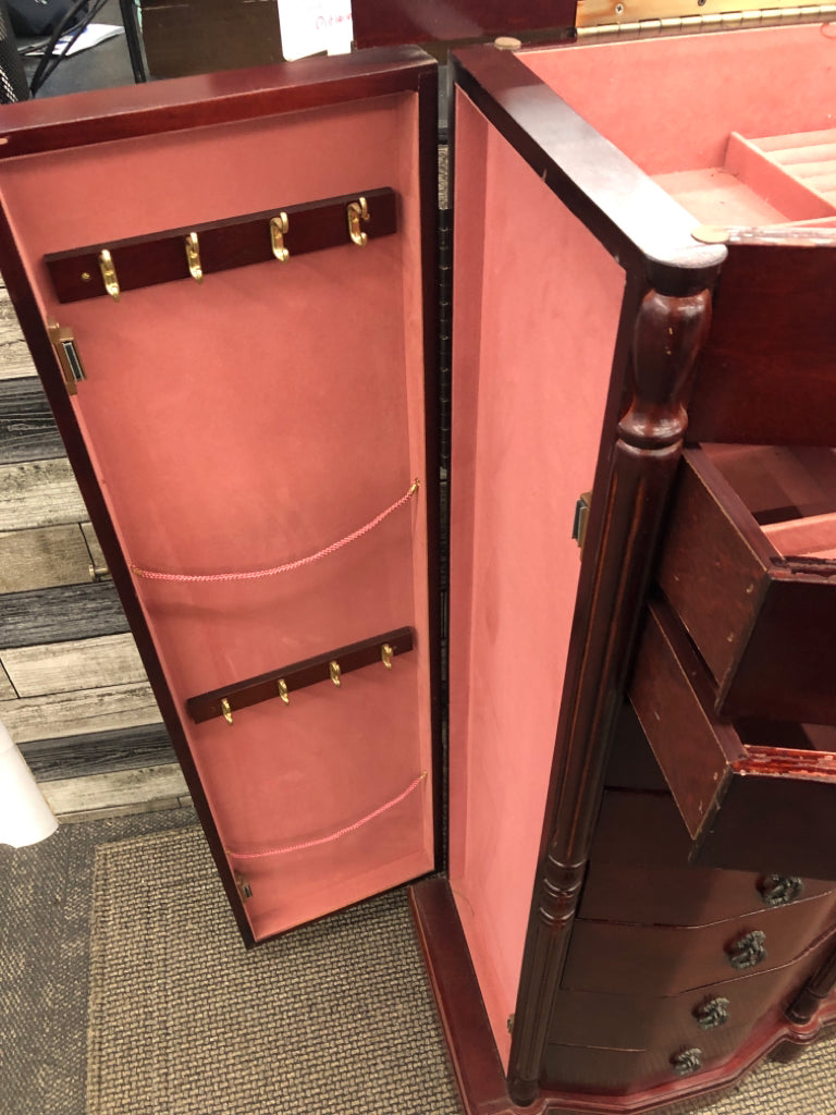 CHERRY WOOD 8-DRAWER LOCKING ARMOIRE W/SIDE DOORS.
