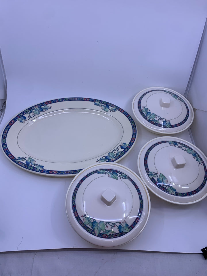 VTG 4 PC AZTEC PATTERN MELAMINE SERVING SET- 3 BOWLS W LIDS AND PLATTER.
