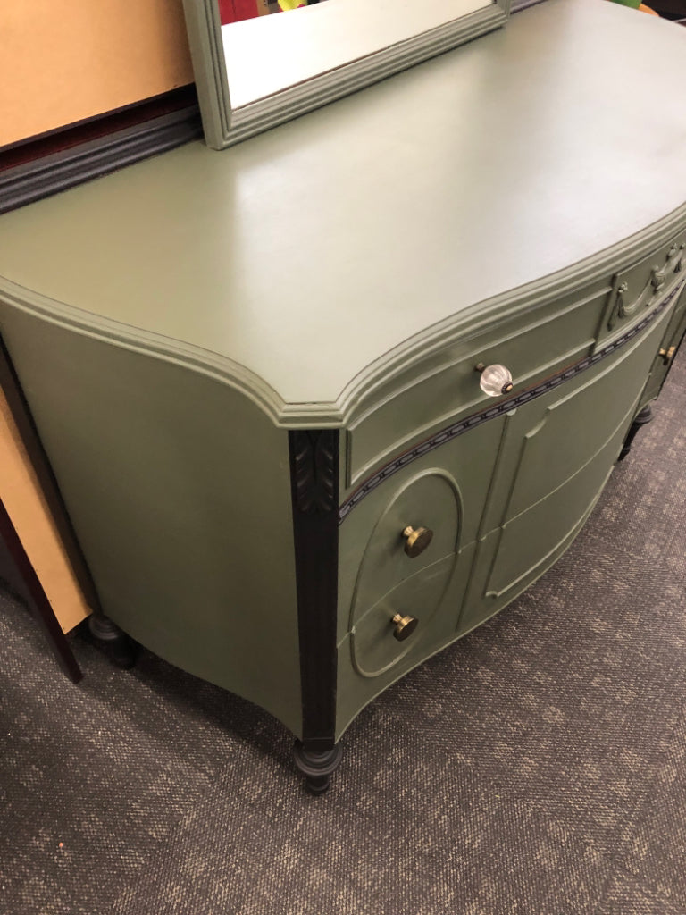 SAGE GREEN REFURBISHED 3 DRAWER DRESSER W/ ARCHED MIRROR.