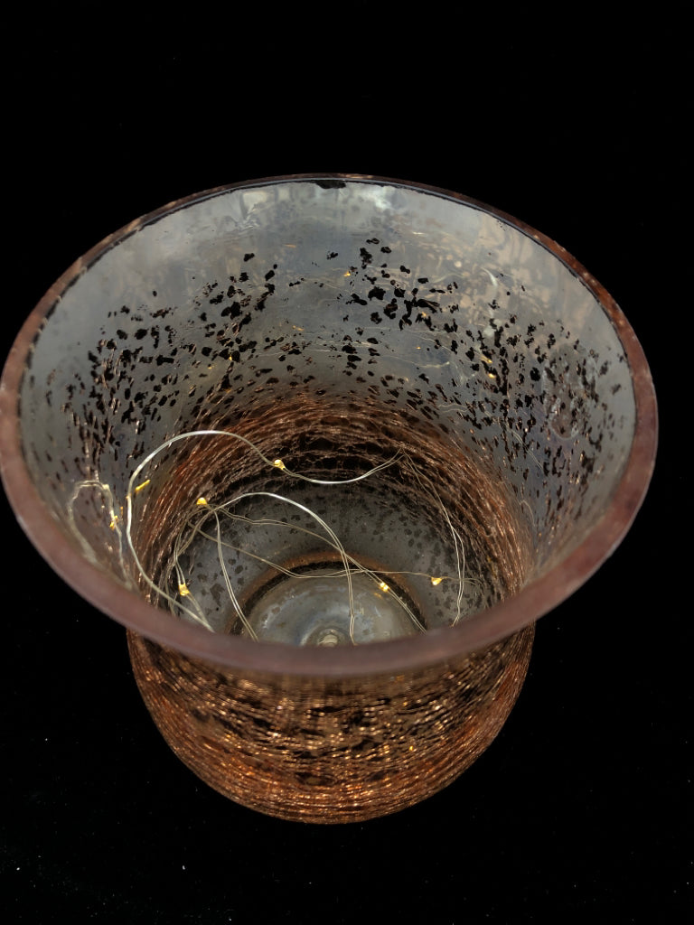 ROSE GOLD DISTRESSED VASE W/ STRING LIGHTS.