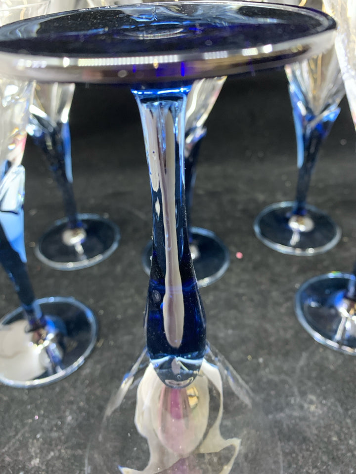 6 BLUE STEM CHAMPAGNE FLUTES.