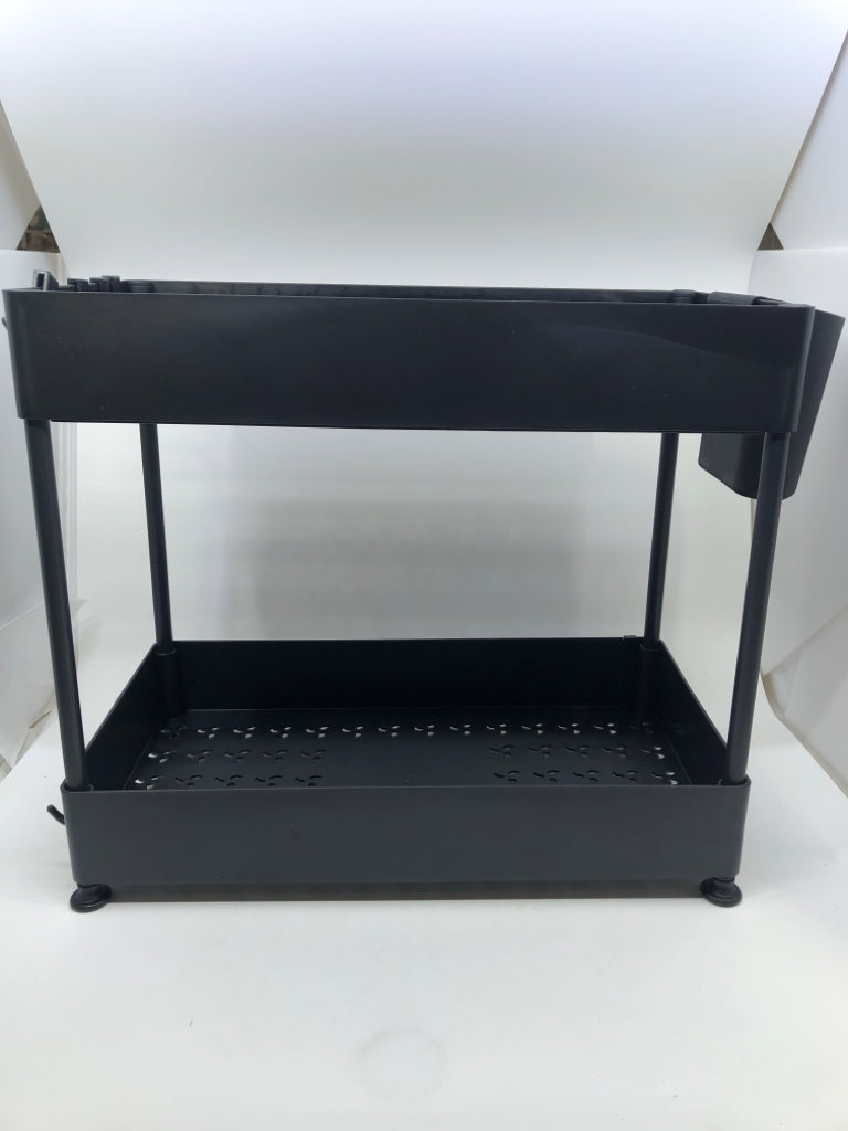 BLACK PLASTIC 2 TIER DISH DRYING RACK W/ SPONGE HOLDER/HOOKS.