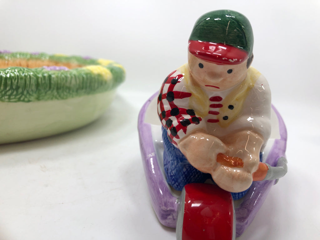 VTG LOTUS FISHERMAN CERAMIC CHIP & DIP BOWL SET.