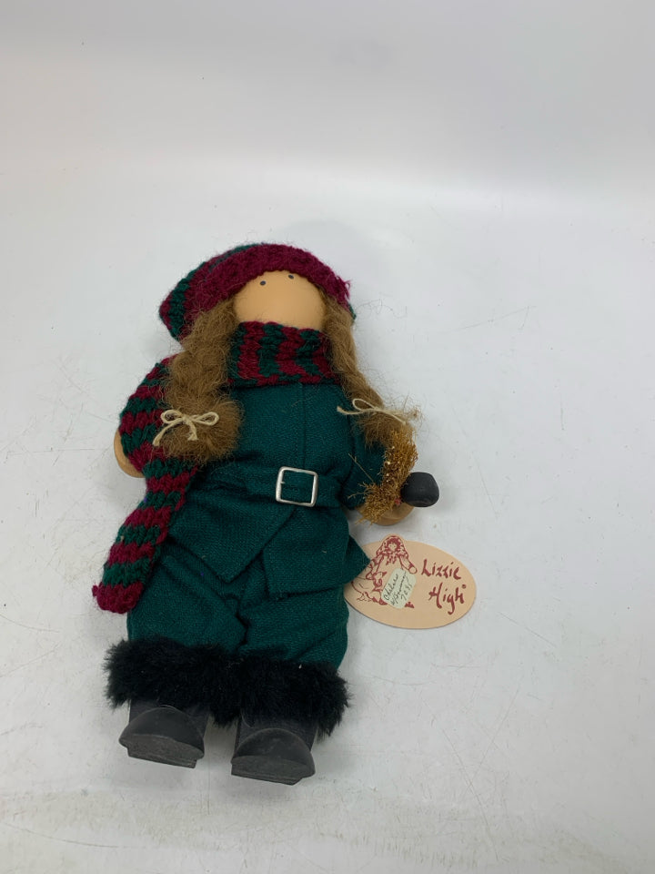 NWT LIZZIE HIGH WOOD DOLL W/ GREEN JUMPSUIT BRAIDS.