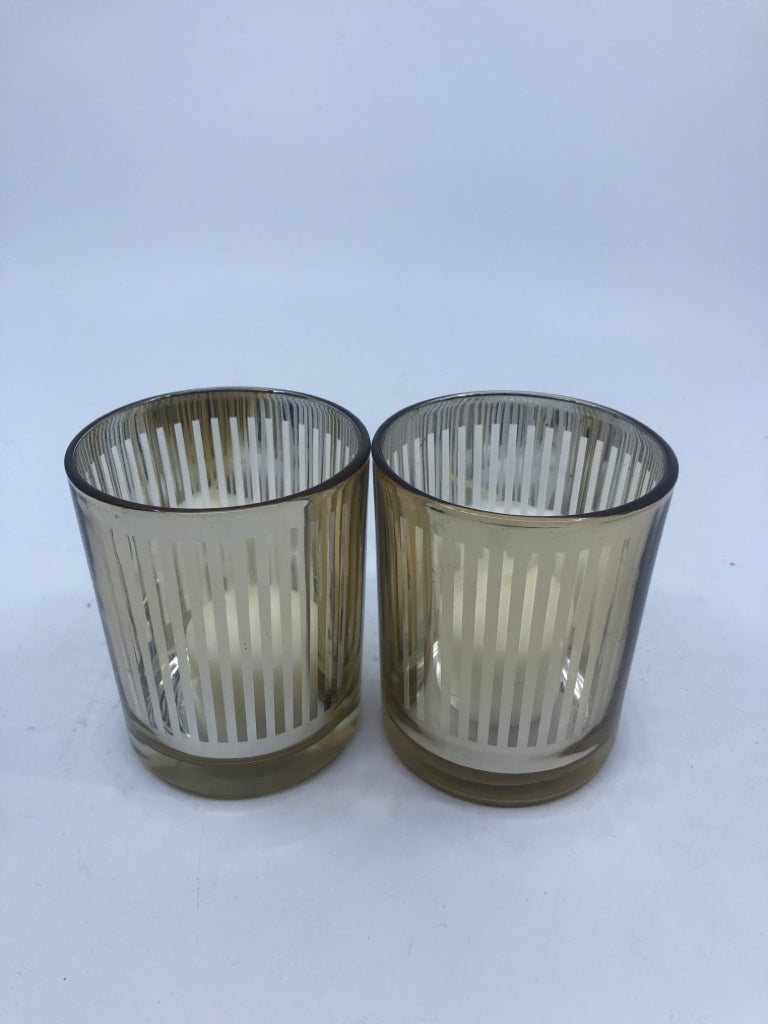 2 STRIPED MERCURY GLASS VOTIVE HOLDERS.