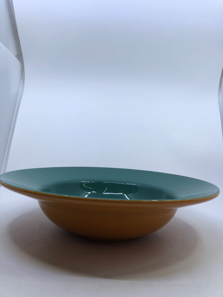LARGE TEAL AND BROWN SERVING BOWL.