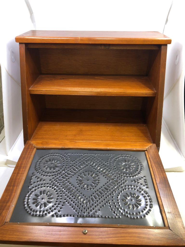 VTG COUNTRY PUNCHED TIN BREAD BOX W/ SHELF DIVIDER.