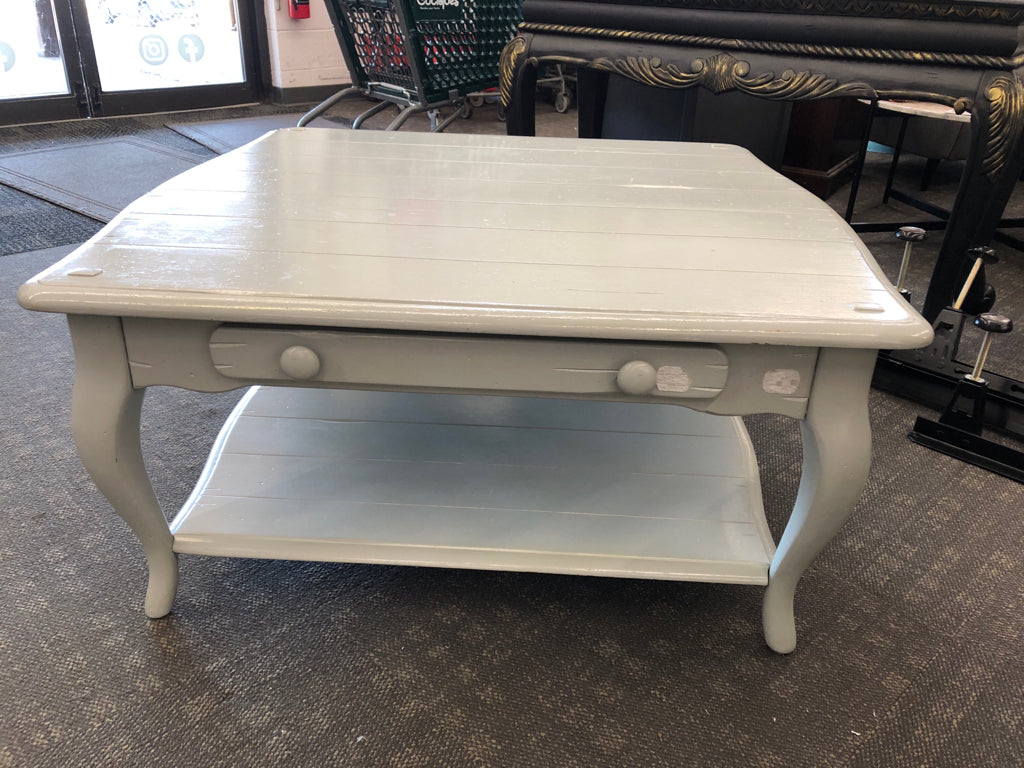 LIGHT BLUE PAINTED 2 TIER COFFEE TABLE W/ DRAWER.