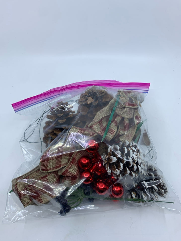 BAG OF WREATH DECOR- WHITE PINECONES & TAN RIBBON.