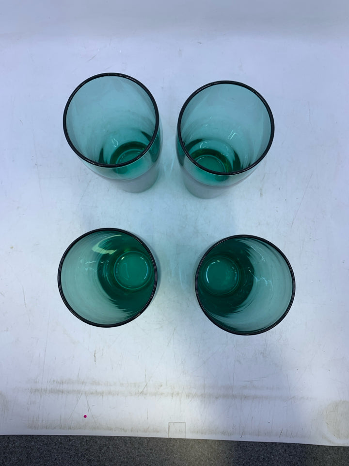 4 GREEN GLASS TUMBLERS.