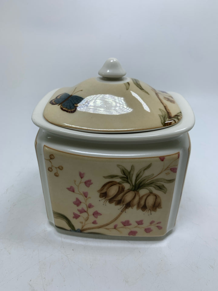 FLORAL SQUARE CANISTER W/ BUTTERFLIES.