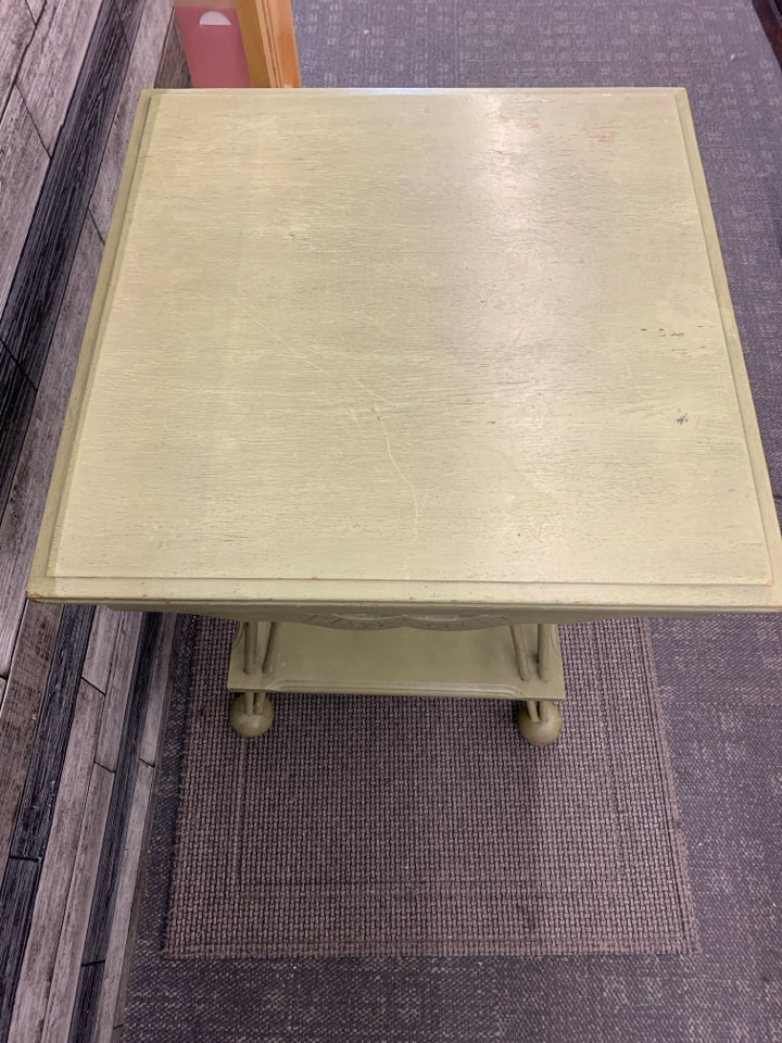 2 TIER VTG GREEN PAINTED WOOD TABLE ABSTRACT DESIGN.