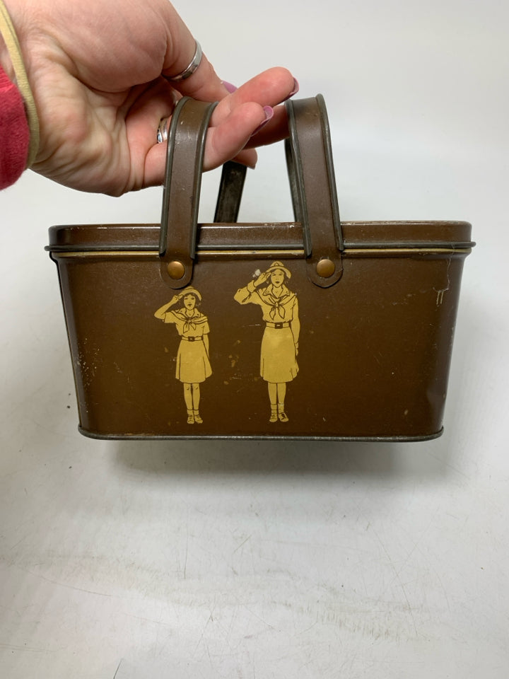 VTG BROWN METAL WOMAN PLAYING SPORTS SEWING BOX DECOWARE.