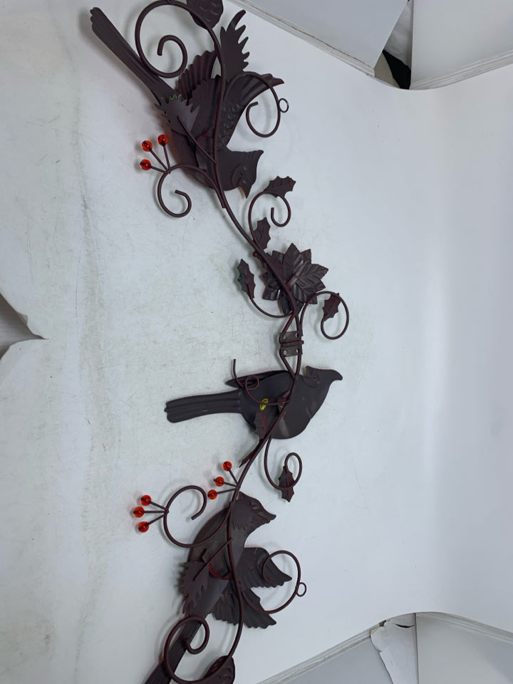 3 METAL CARDINALS W/ BRANCHES & BERRIES WALL HANGING.