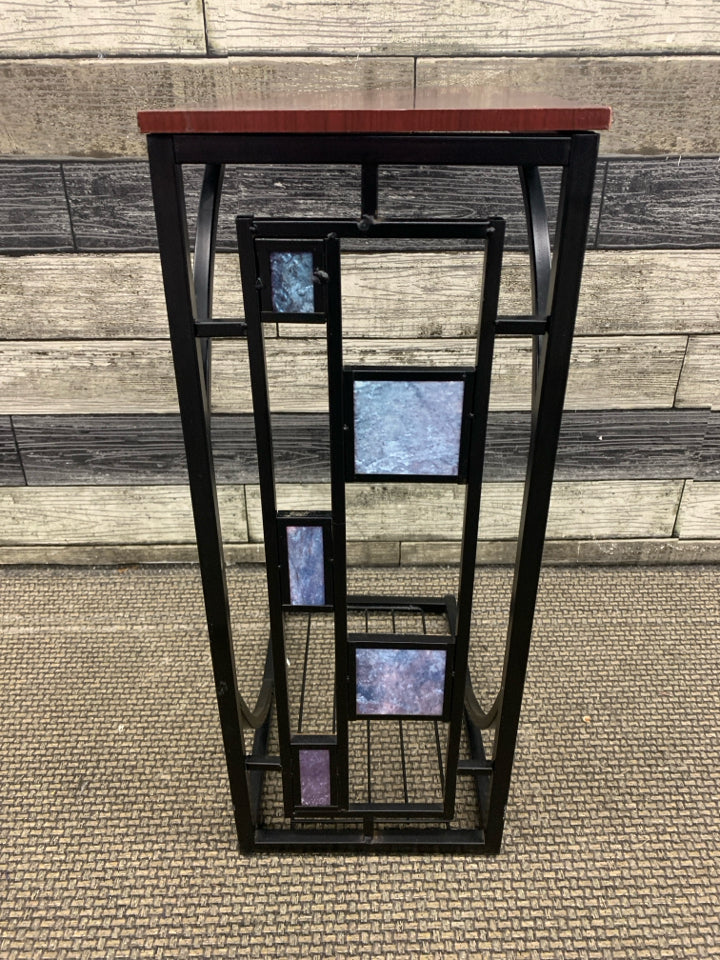 BLACK METAL WOOD TOP END TABLE W/BLUE SQUARES.