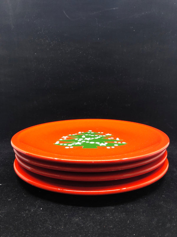 4 RED CERAMIC CHRISTMAS DINNER PLATES W TREE.