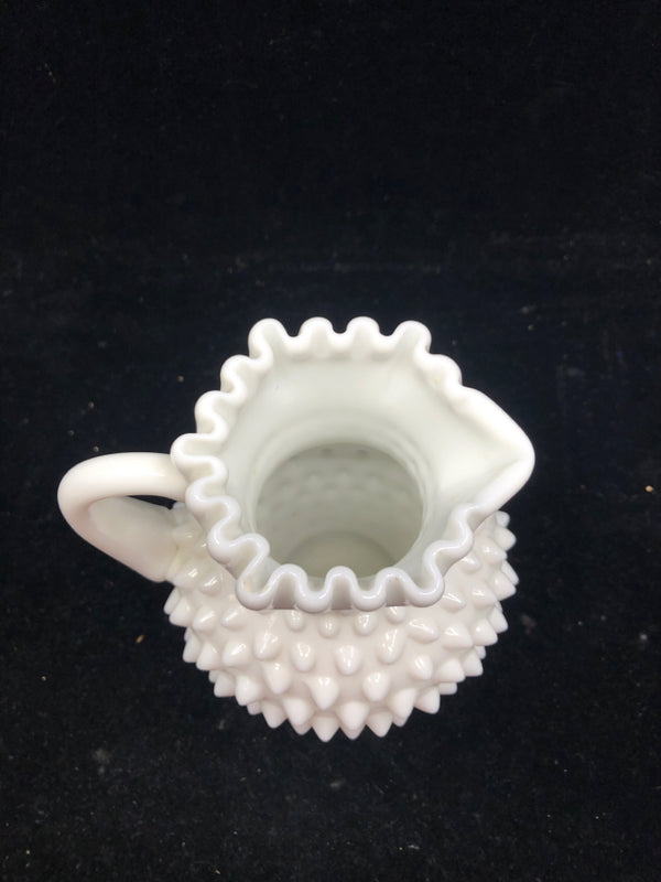 VTG TIGHT RUFFLE MILK GLASS HOBBNAILED PITCHER.