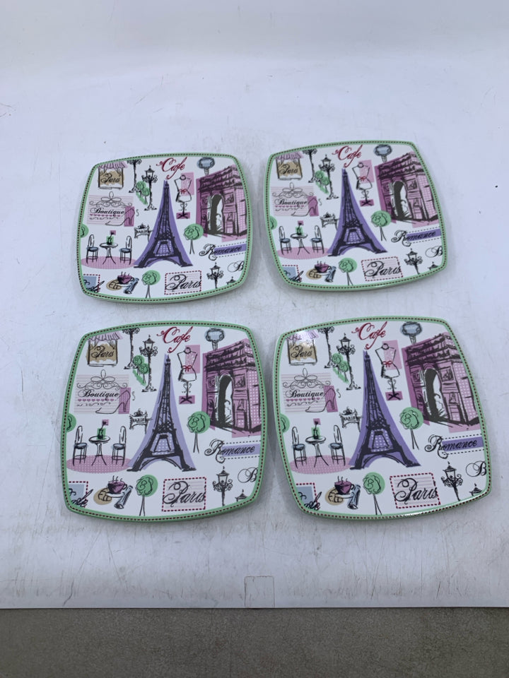 4 PARIS THEMED APPETIZER PLATES.