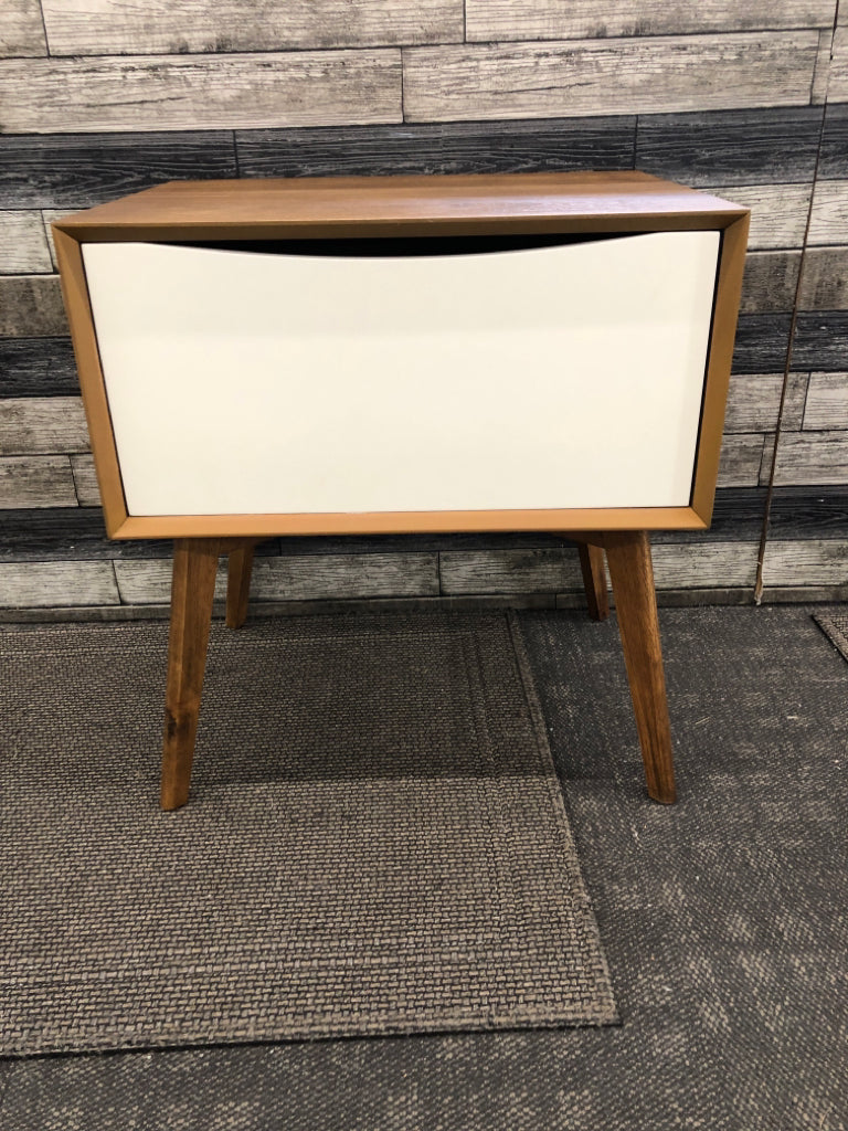 WOOD SIDE TABLE W/WHITE DRAWER.