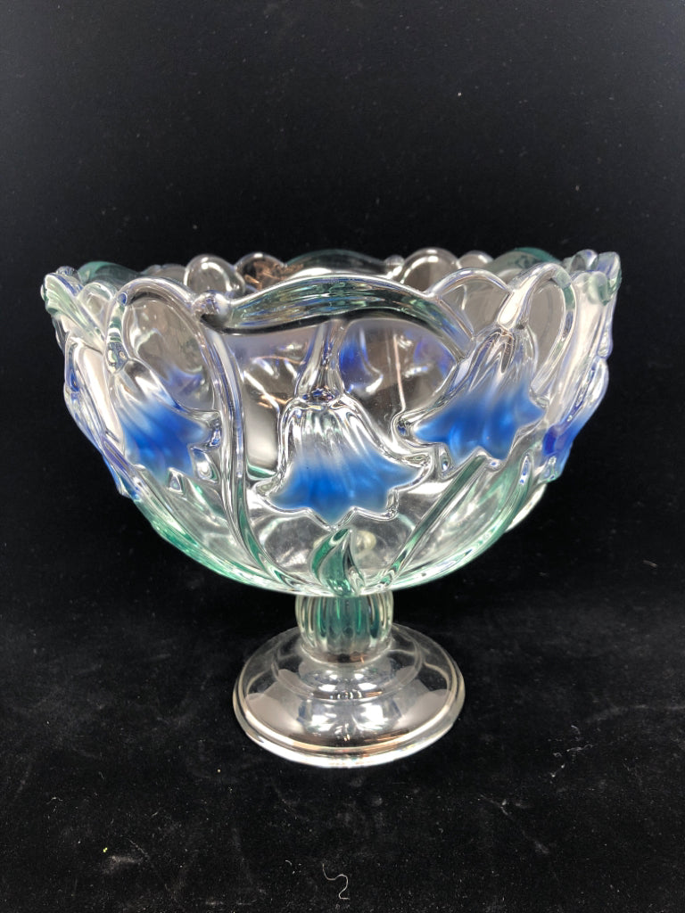 BLUE FLORAL GLASS PEDESTAL BOWL.