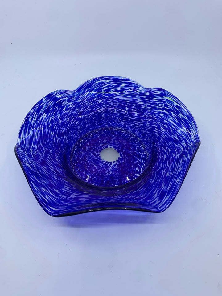 BLUE WAVY EDGE BLOWN GLASS BOWL.