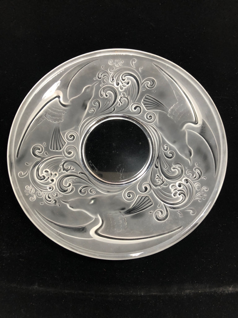 VTG FROSTED GLASS SERVING PLATE W/ETCHED BIRDS- VAL ST LAMBERT, GLOUCESTER.