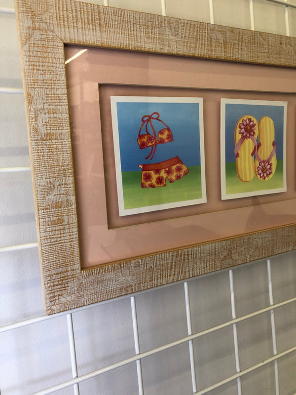 3 PINK BEACH ITEM DRAWINGS IN WHITE DISTRESSED FRAME.