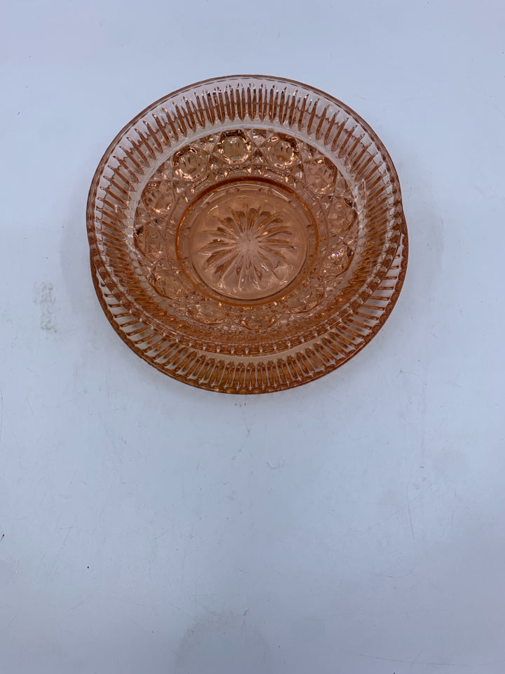 2PC PEACH GLASS BOWL+CATCH PLATE -RIBBED+SHAPES DESIGNS.