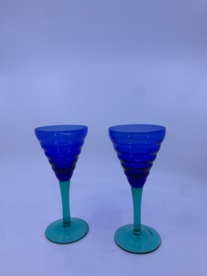 2 BLUE/GREEN MARTINI GLASSES.