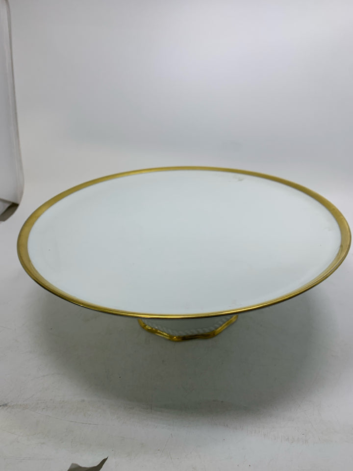 VTG WHITE CAKE STAND W/ GOLD EDGE 100TH ANNIVERSARY.
