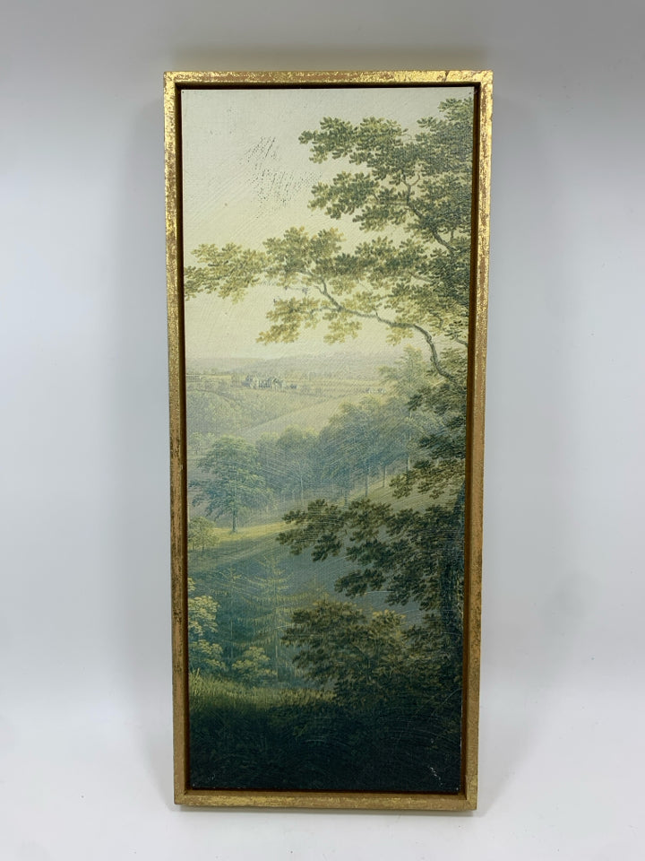 VERTICAL BRUSHED LANDSCAPE IN GOLD PAINTED FRAME.