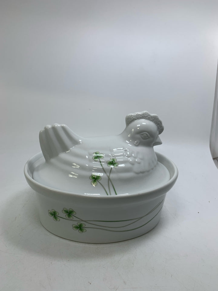 HEN ON NEST PORCELAIN SHAMROCK COVERED OVAL DISH MARCUS NOTLEY IRELAND.