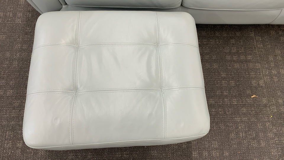 PALE BLUE LEATHER SOFA W/OTTOMAN.