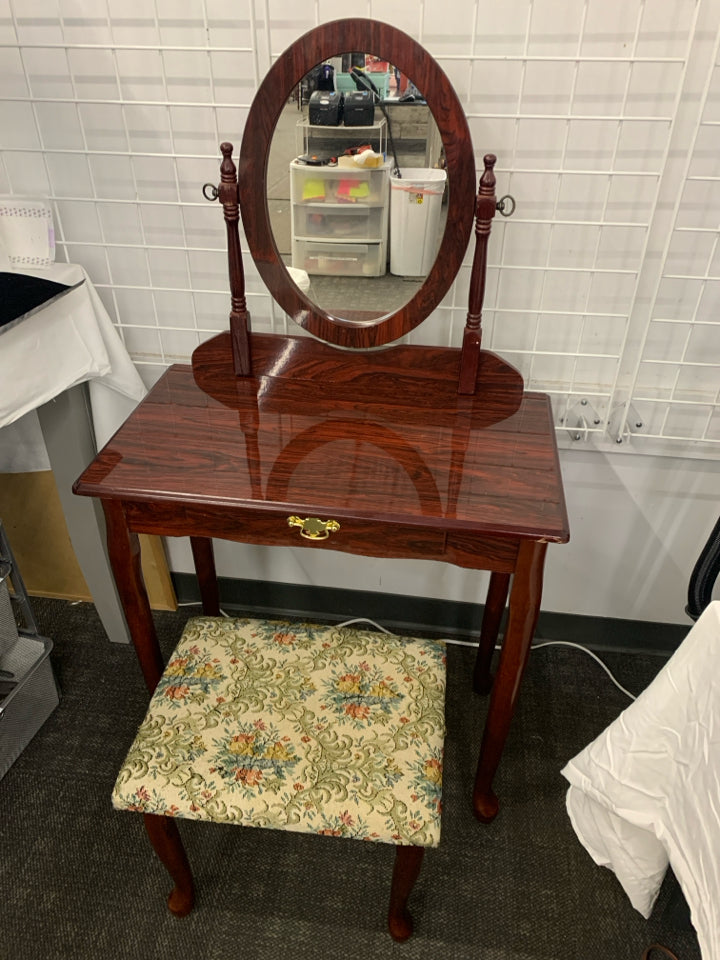 CHERRY WOOD VANITY W STOOL.