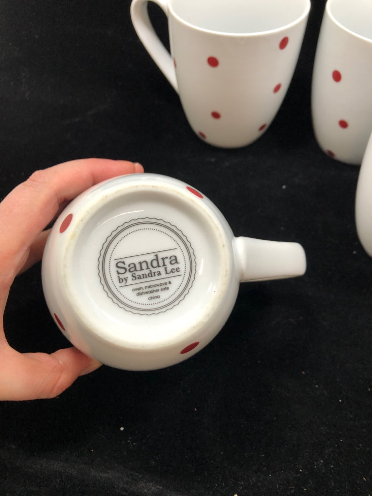4 WHITE W/ RED POLKA DOT MUGS.