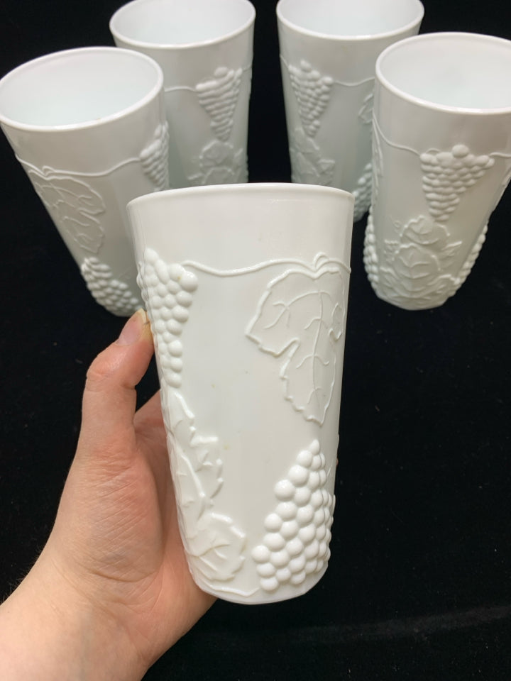 5 VTG MILK GLASS TUMBLERS W/EMBOSSED FRUIT.