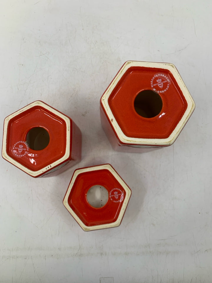 3 WAECHTERSBACH CHRISTMAS TREE RED CERAMIC TEA LIGHT HOLDERS HEXAGON SHAPE.