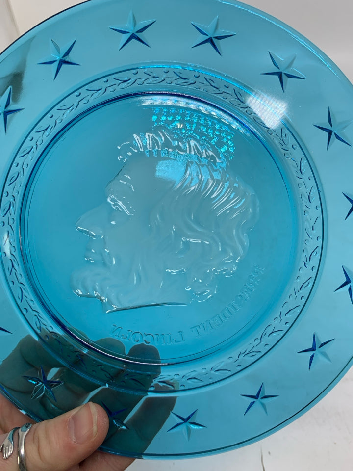 VTG BLUE GLASS PRESIDENT LINCOLN PLATE.