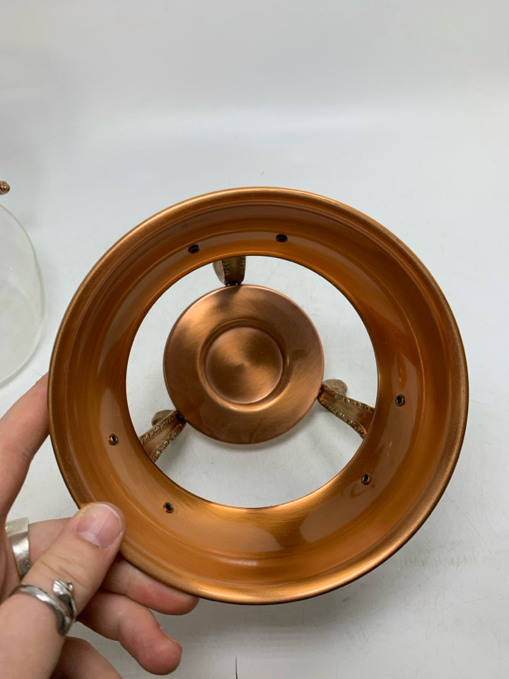 VTG GLASS + COPPER COFFEE POT WITH WARMING STAND.