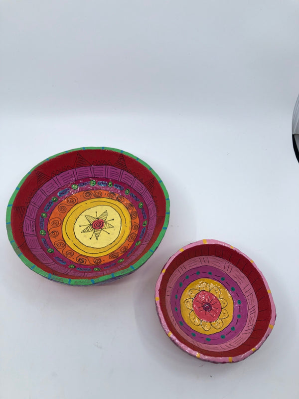 2 PAPER MACHE RED PINK NESTING BOWLS.