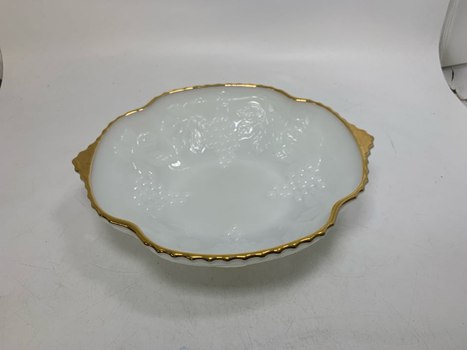 VTG MILK GLASS EMBOSSED GRAPES BOWL W/ GOLD EDGES.