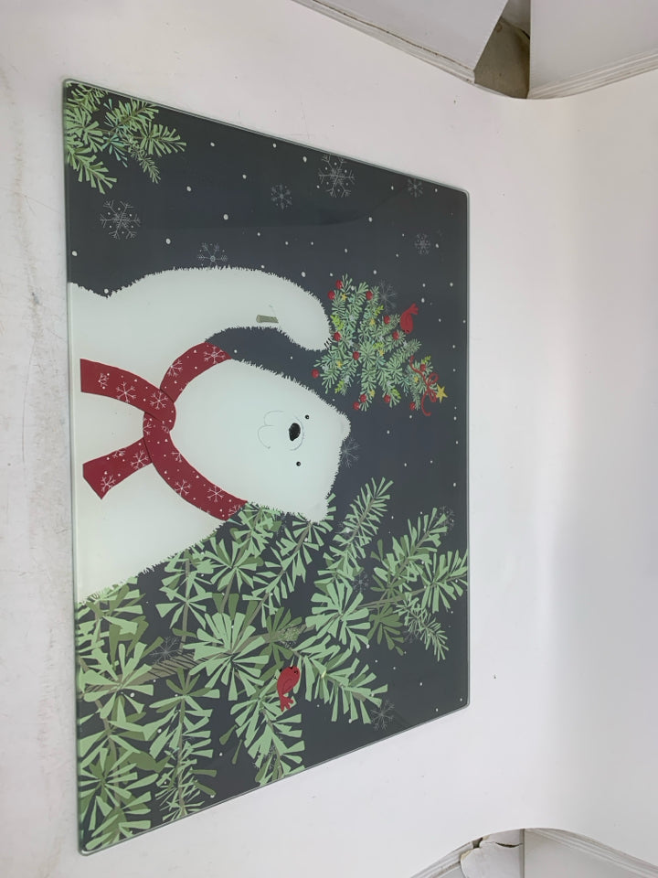 POLAR BEAR HOLDING CHRISTMAS TREE GLASS CUTTING BOARD.