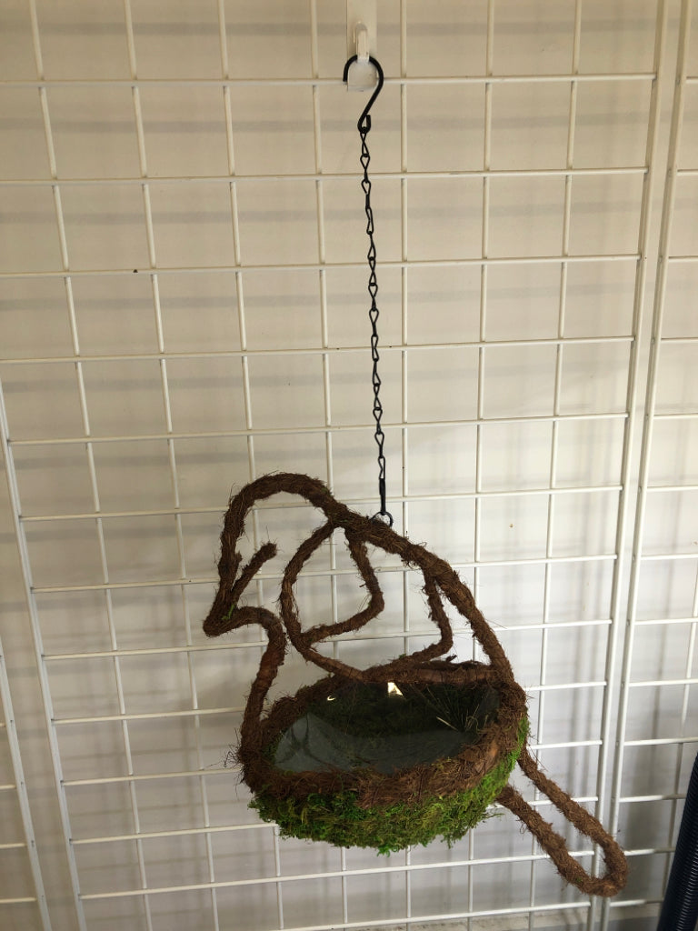 MOSS BIRD SHAPED HANGING PLANTER W/ PLASTIC INSERT.
