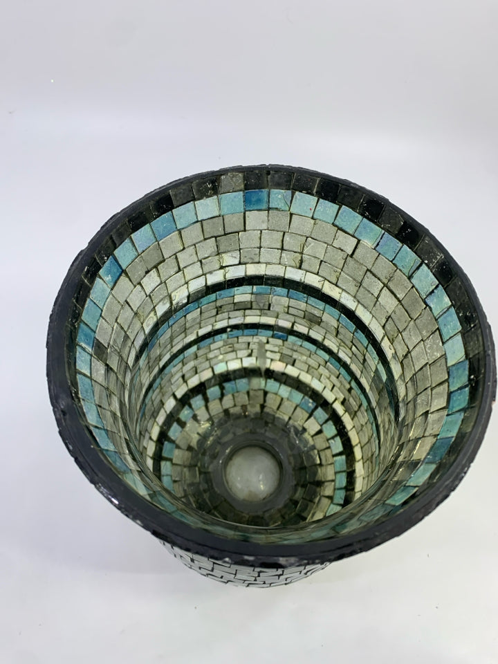 TEAL/BLACK MOSAIC FOOTED VASE/ CANDLE HOLDER.