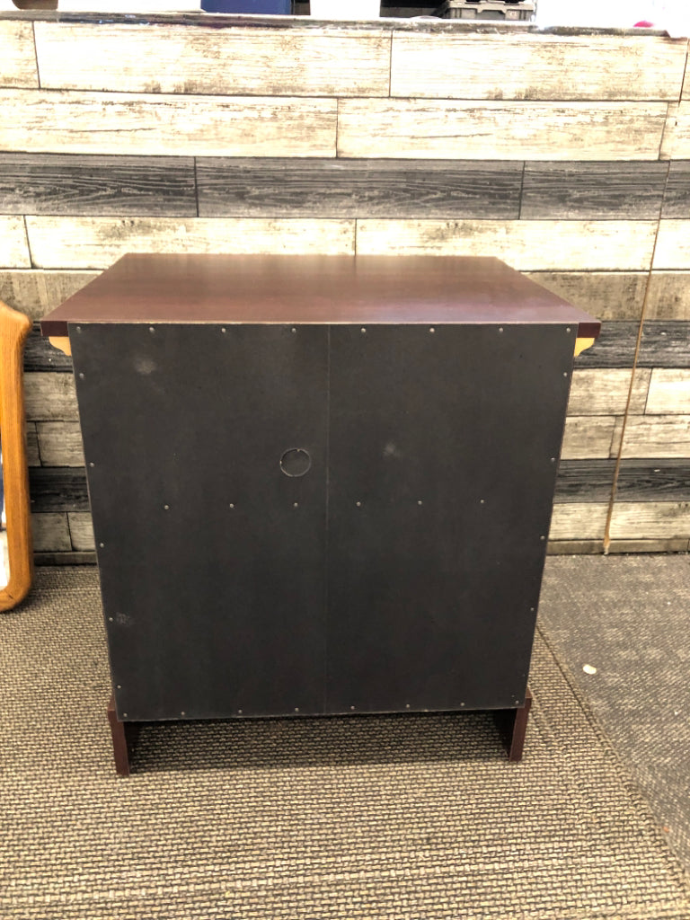 CHERRY FAUX WOOD SIDE TABLE W/ CABINET + CUBBY.