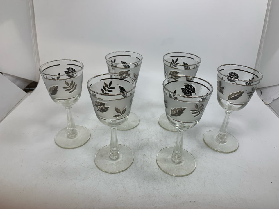 6 CORDIAL FROSTED GLASSES W/ SILVER LEAVES.
