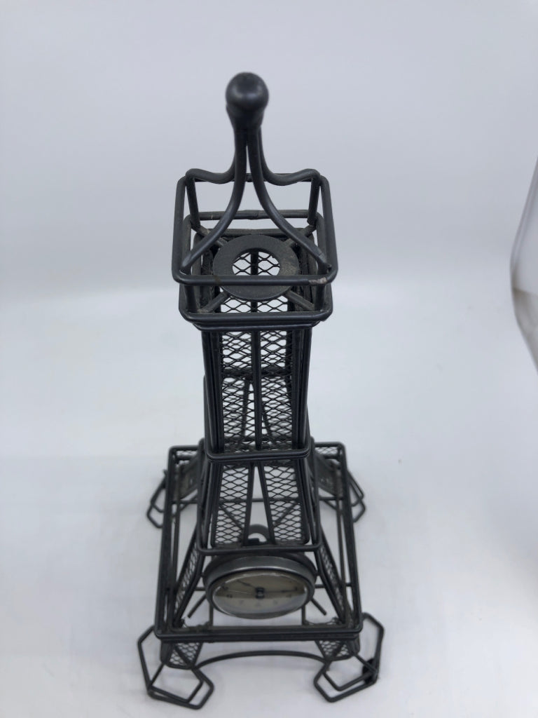 GREY METAL EIFFLE TOWER CLOCK.