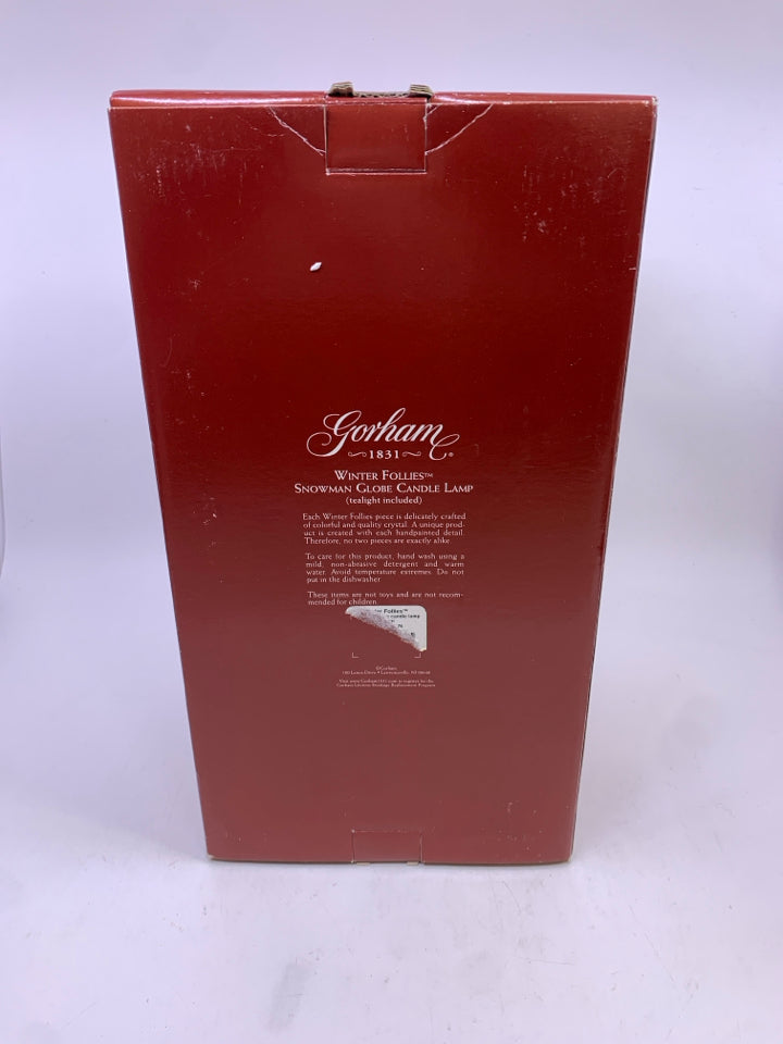 SNOWMAN SNOWGLOBE TEA LIGHT HOLDER W/RED SHADE.