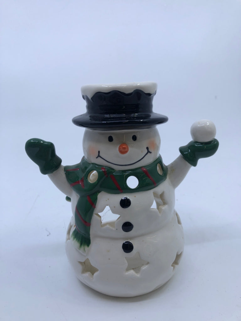 SNOWMAN TEA LIGHT HOLDER W GREEN SCARF AND SNOWBALL.